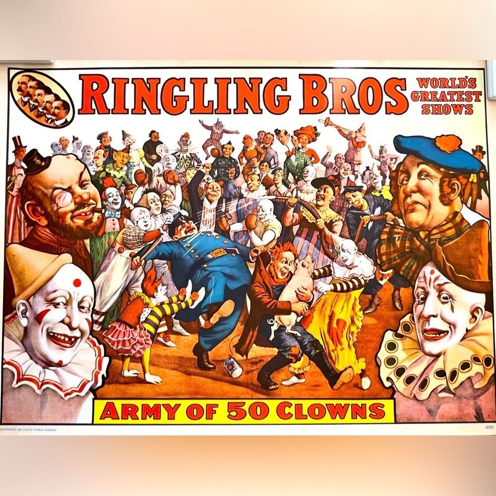 Vintage 1960 Ringling Bros Army of 50 Clowns Poster
